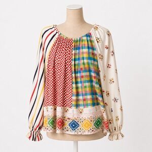 Vintage 70s Handmade Patchwork Utility Shirt Sz L Multicolor Peasant Cottagecore